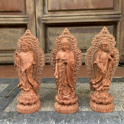 Bộ tượng phật tam thánh bằng gỗ hương đá kt cao 
