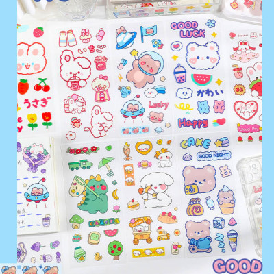 SET 6 Tờ 90 Nhãn Dán Sticker Thỏ Gấu Chuột PET Trong Suốt Cute Không Thấm Nước Trang Trí Dễ Thương