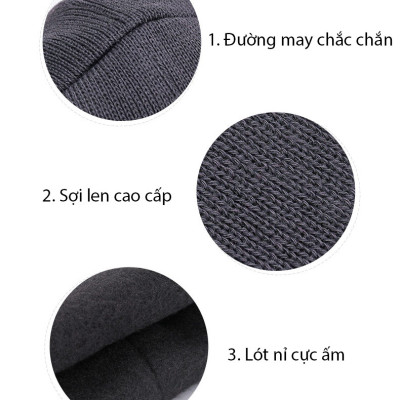 Nón, mũ len trơn màu đen, xám, tím than cho nam, nữ có lót nỉ cực ấm