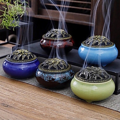 Lư Xông Nụ Trầm Hương - Đỉnh Đốt Nhang Bằng Gốm Rạn Cao Cấp, Kèm Lót Bông Đế Chống Cháy