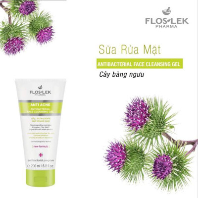 [Quà tặng] Sữa rửa mặt diệt khuẩn cho da nhờn mụn Floslek Anti Acne Bacterial Face Cleansing Gel 200ml + Tặng bọt biển