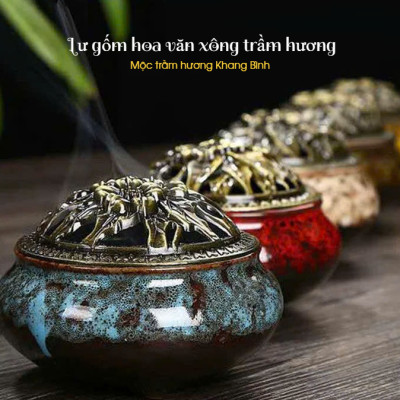 Lư gốm sứ Hoa Văn Xông đốt nụ vân mây nhang Trầm Hương kèm đế lót bông - Mộc Trầm Hương Khang Bình