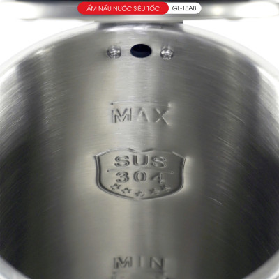Ấm Siêu Tốc Gali GL-18A8 Thân Ấm Nguyên Khối Inox 304. Thiết kế 2 lớp Chống Nóng. hàng chính hãng, bảo hành 24 tháng