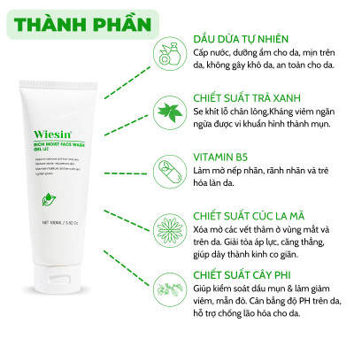 Sữa rửa mặt không bọt dưỡng ẩm cho da khô và da nhạy cảm Wiesin Rich Moist Face Wash Gel 100ml - WS01