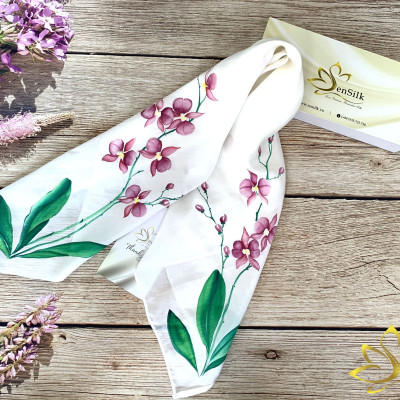 Khăn Vuông Cao Cấp Lụa Vẽ Tay Hoa Lan SenSilk – Quà Lưu Niệm Việt, Khăn Lụa Thời Trang