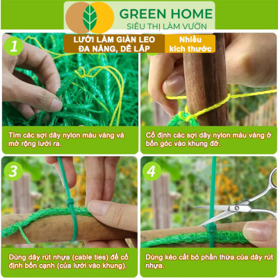 Lưới làm giàn cây leo, GreenHome, Nhiều kích thước Độ bền cao, Dễ lắp đặt, Không viền, Làm giàn bầu, Mướp, bầu, Bí, hoa