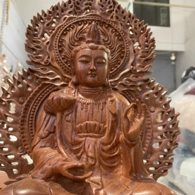 Combo bộ tượng phật tam thánh và kệ chân đế bằng gỗ hương đá + với 2 bình hoa sen 17 cành ,hoa ,lá gương  