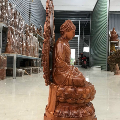 Tượng phật thích ca bằng gỗ hương đá kt cao 50×25×25cm + lá chắn hòa quang 60cm