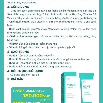 (mới)5 LỌ Sữa rủa mặt Mychi mint cleanser phiên bản to 100ml gấp 3,5 lần