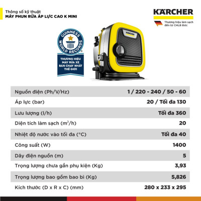 (Mới 2025) Máy phun rửa áp lực cao Karcher K Mini - Công suất 1400W, áp lực tối đa 110 bar nhỏ gọn - Bảo hành 24 tháng - Hàng Chính Hãng
