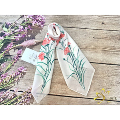 Khăn Lụa Vuông SenSilk Vẽ Tay Hoa Cẩm Chướng 75*75cm, Khăn Lụa Cao Cấp 