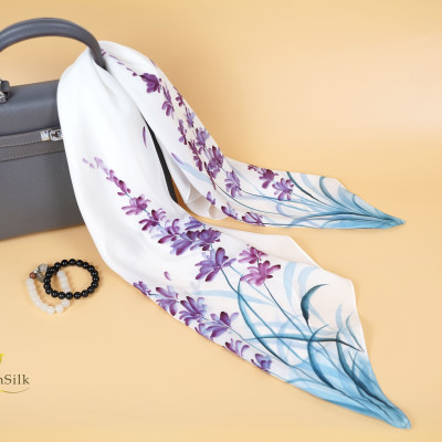 Khăn Lụa Vuông Thời Trang Vẽ Tay Hoa Lavender - SenSilk Limited, Khăn Lụa Tơ Tằm Việt Nam