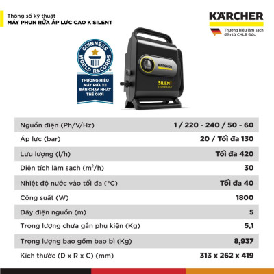 Máy phun rửa áp lực cao Karcher K Silent - Công suất 1800W, áp lực tối đa 130 bar - Bảo hành chính hãng 24 tháng - Hàng Chính Hãng
