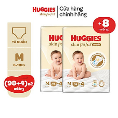 Combo 2 gói Tã quần Huggies Skin Perfect Mega Jumbo M98+4/L88+4/XL72+4/XXL64+4 miếng với 2 vùng thấm giảm kích ứng da