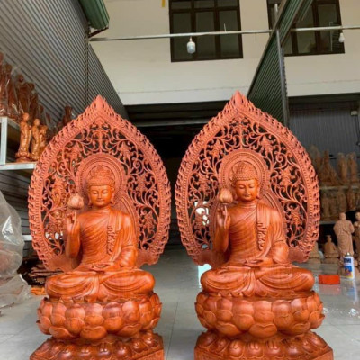 Tượng phật liên hoa bằng gỗ hương đá kt cao 60×36×36cm +lá chắn hào quang cao tổng 81cm