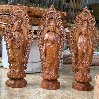 Bộ tượng phật tam thánh bằng gỗ hương đá kt cao 