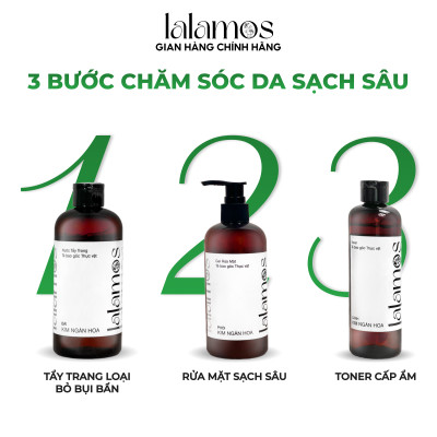 Combo sạch sâu Lalamos Mini size Nước tẩy trang 50ml + Sữa rửa mặt 50ml + Toner Kim Ngân Hoa 50ml