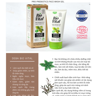 Gel Rửa Mặt Hữu Cơ Nhập Khẩu Dịu Nhẹ Deba Bio Vital Sạch Nhờn, Ngừa Mụn, Se Khít Lỗ Chân Lông