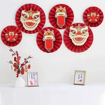 Set 6 Quạt Giấy Đỏ Đầu Lân Đính Ngọc Trai Trang Trí Tết