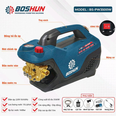 Máy Rửa Xe Chỉnh Áp BOSHUN BS-PW3500W, Công Suất 3500W, Có Chỉnh Áp, Dây Xịt Dài 15M