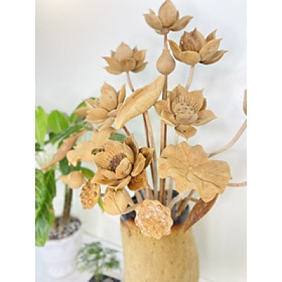 2 bình hoa sen 19 bông trang trí phòng khách ,phòng thờ , bình cắm hoa gỗ chiu liu ,hoa lá gương gỗ ngọc am thơm nức đẹp long lanh