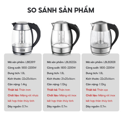 Ấm siêu tốc thuỷ tinh 1,8lit Lebenlang LBE2819 (hàng chính hãng)