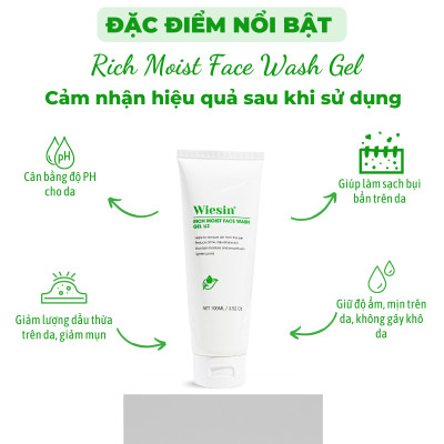 Sữa rửa mặt không bọt dưỡng ẩm cho da khô và da nhạy cảm Wiesin Rich Moist Face Wash Gel 100ml - WS01