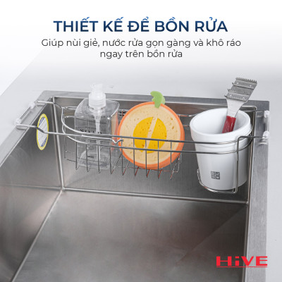 Kệ đựng dụng cụ rửa chén gác bồn HiVE inox 304 tặng kèm ly sứ