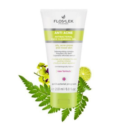 [Quà tặng] Sữa rửa mặt diệt khuẩn cho da nhờn mụn Floslek Anti Acne Bacterial Face Cleansing Gel 200ml + Tặng bọt biển