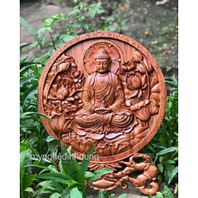 Đĩa khắc phật adi đà bằng gỗ hương đá kt 30cm 
