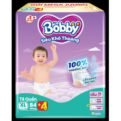 [TẶNG KÈM 4 MIẾNG] Tã quần Bobby Siêu Khô Thoáng - 100% Thoáng Khí Mega Jumbo - XL84