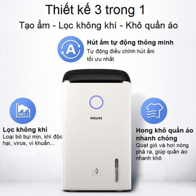 Máy hút ẩm kiêm lọc không khí cao cấp Philips DE5205/00 Cảm biến chất lượng không khí: 4 màu cho diện tích 31-40(㎡ ) - HÀNG NHẬP KHẨU