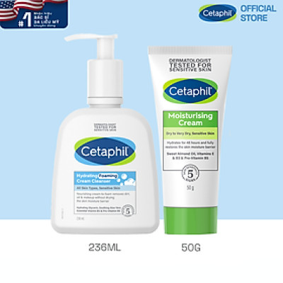 Combo Sữa Rửa Mặt Tạo Bọt Cetaphil Hydrating Foaming Cream Cleanser 236ml + Kem dưỡng ẩm CETAPHIL MOISTURISING CREAM 50G