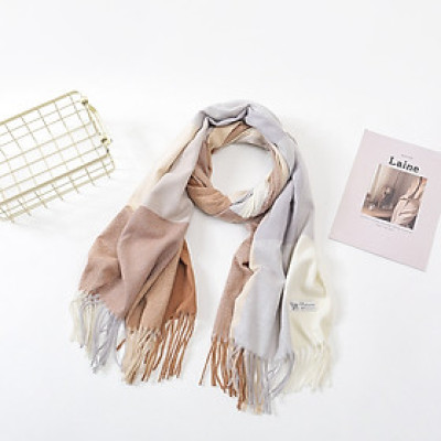 Khăn quàng cổ len dệt kim, tua rua phối màu phong cách Hàn Quốc cho nữ mềm mịn và ấm áp