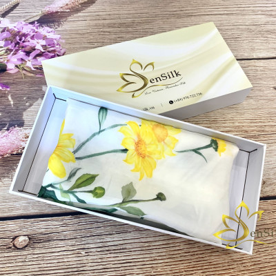 Khăn Lụa Vuông Vẽ Hoa Dã Quỳ SenSilk 90x90cm, Painting Silk Scarves for Women, Khăn Quàng Cổ Thời Trang