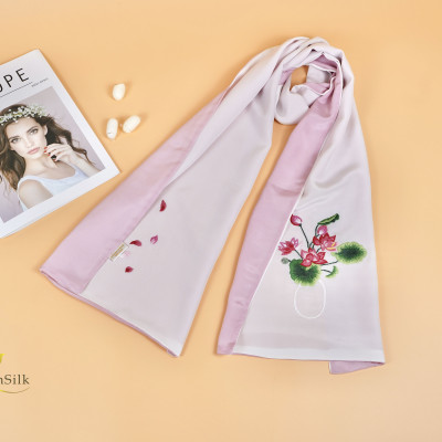 Khăn Thêu Tay Cao Cấp Hoa Sen 2 Màu 100% Lụa Tơ Tằm SenSilk, Silk Handmade Embroidery, Khăn Quàng Cổ Lụa