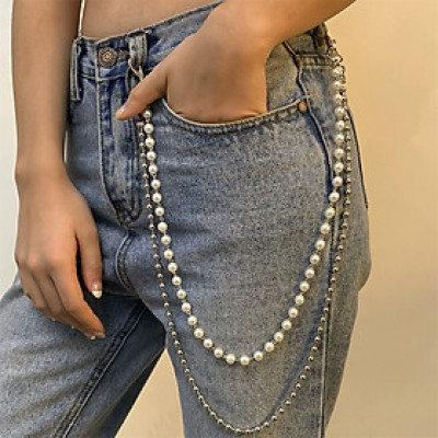 Xích quần jeans bi hai lớp giả ngọc trai dây chuyền gợi cảm thời trang móc khóa dây thắt lưng hot trend phong cách Âu Mỹ