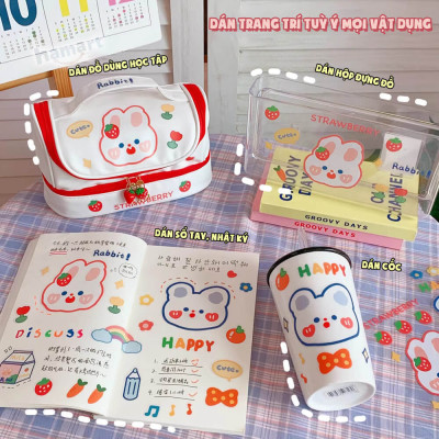 SET 6 Tờ 90 Nhãn Dán Sticker Thỏ Gấu Chuột PET Trong Suốt Cute Không Thấm Nước Trang Trí Dễ Thương