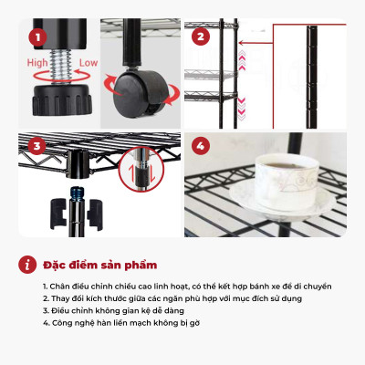 Kệ sắt đa năng để đồ 4 tầng mặt lưới- màu đen – CJ-C1187B