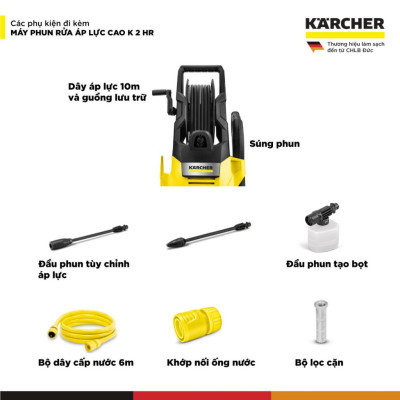 (Mới 2025) Máy phun rửa áp lực cao Karcher K 2 HR - Công suất 1400W, áp lực 110 bar phù hợp rửa xe - Bảo hành 24 tháng - Hàng Chính Hãng