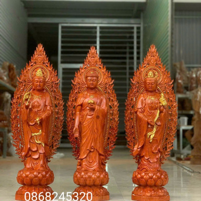 Bộ tượng phật tam thánh tây phương bằng gỗ hương đá kt cao 50×15×15cm +lá chắn hào quang cao tổng 61×21cm 