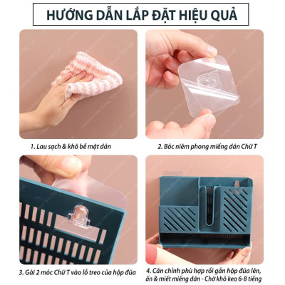 Hộp Đựng Đũa Thìa Treo Tường Giá Để Đũa Thìa Có Khay Đựng Thoát Nước Kèm 2 Dán Chữ T