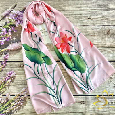 Khăn Lụa SenSilk Vẽ Tay Thời Trang Sen Việt 180x55cm, Quà Tặng Cao Cấp Cho Nữ, Tinh Hoa Tơ Lụa Viêt Nam