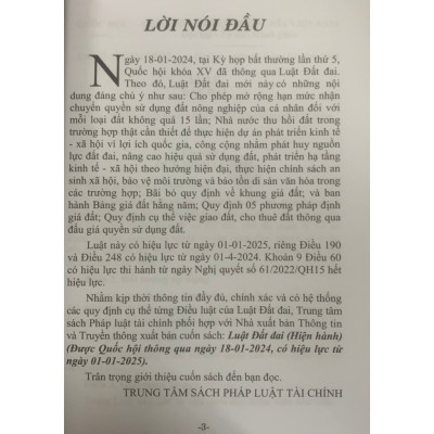 Sách - Luật Đất đai (Hiện hành) (Được Quốc hội thông qua ngày 18-01-2024, có hiệu lực từ ngày 01-01-2025) XBTT