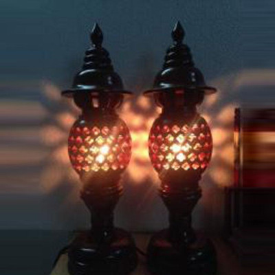 CẶP ĐÈN TỔ ONG GỖ TRÀM CAO 34CM MÀU ĐEN NÂU TRANG TRÍ BÀN THỜ