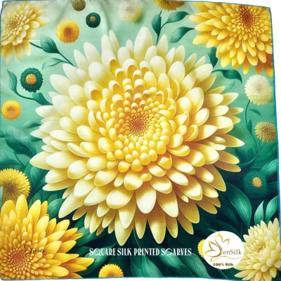 Khăn Lụa Vuông 65x65 in Cúc Vàng - 100% Natural Silk Scarf - Vietnamese Gifts - 3D Printing Design by SenSilk