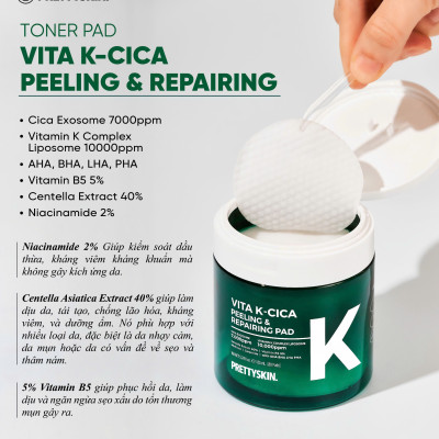 Toner Pad Vita K-Cica Peeling & Repairing Pad Pretty Skin Hàn Quốc 80 miếng
