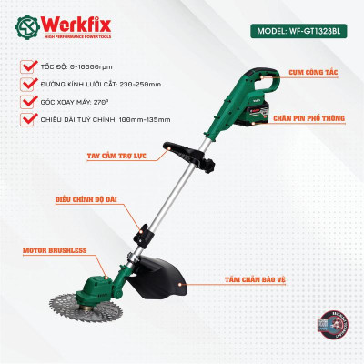 Máy Cắt Cỏ Dùng Pin Workfix - WF-GT1323BL - Động Cơ Brushless - Pin 15cell 21V/6Ah - Bảo Hành Chính Hãg - [ Tặng 3 Lưỡi Cắt Và Phụ Kiện] 