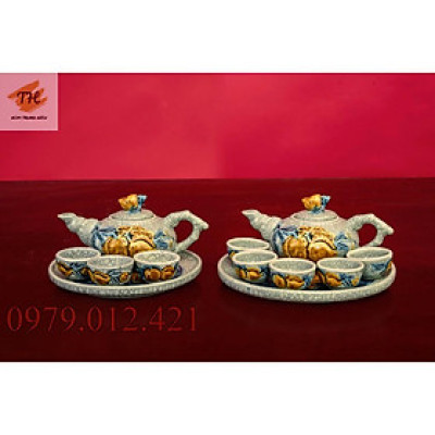 Bộ ấm chén thờ men rạn đắp nổi Bát Tràng