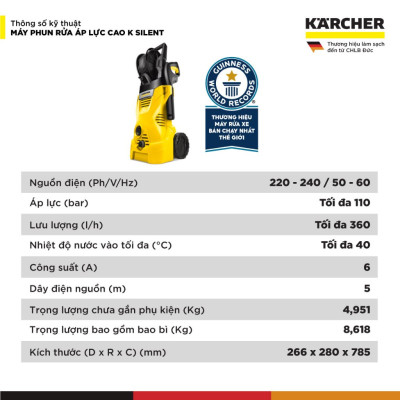 (Mới 2025) Máy phun rửa áp lực cao Karcher K 2 HR - Công suất 1400W, áp lực 110 bar phù hợp rửa xe - Bảo hành 24 tháng - Hàng Chính Hãng